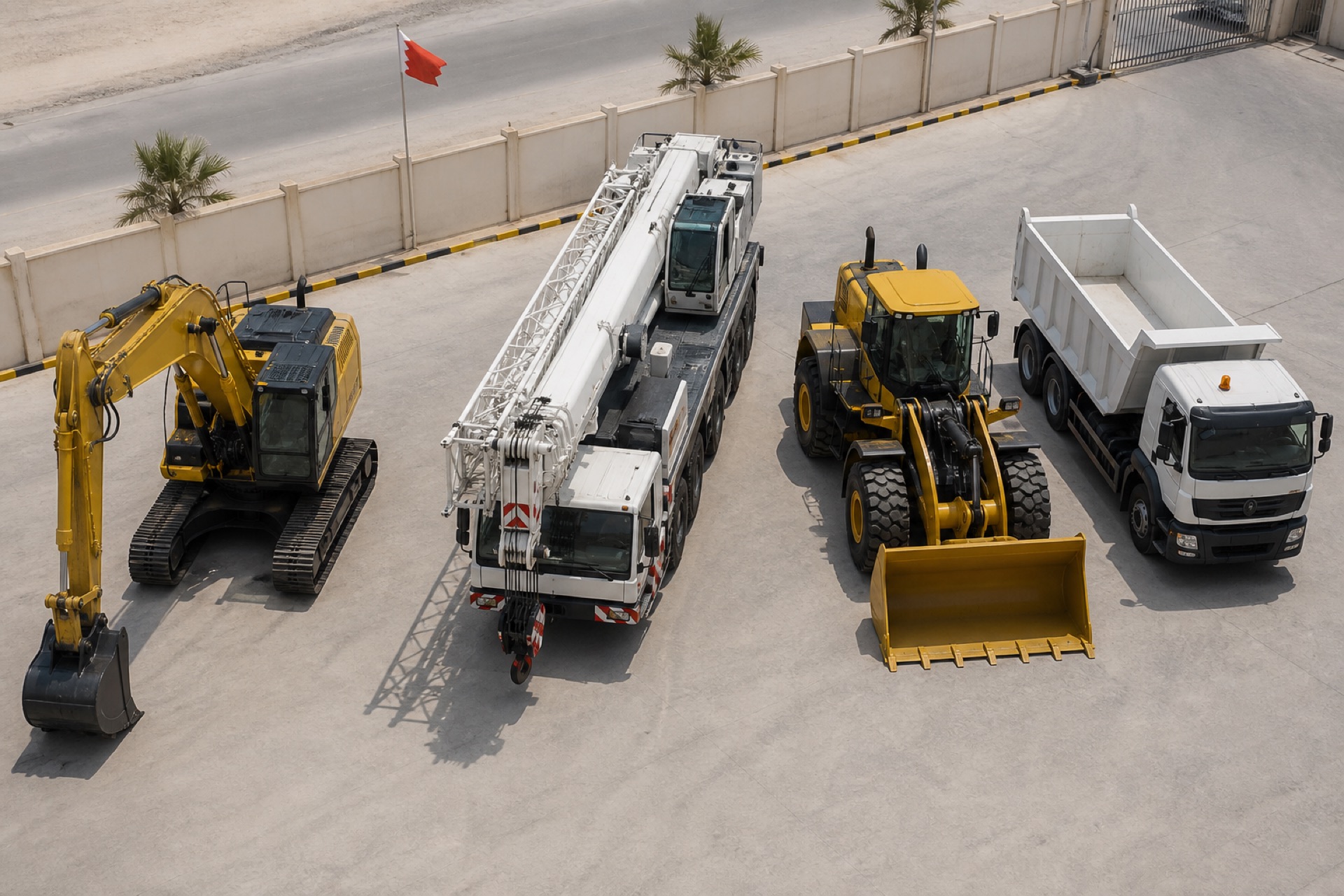 Mixed heavy fleet parked in a yard